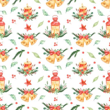 Bir fener, mum, çan ve yaprakların kompozisyonlarıyla suluboya Noel deseni