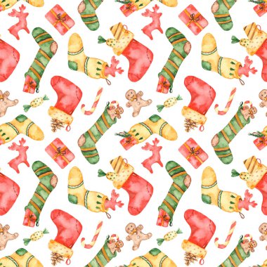 Suluboya desenleri Noel çorapları, hediyeler, şekerler