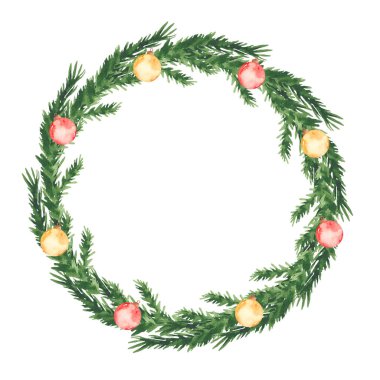 Ladin dalları ve Noel baloları ile suluboya Noel kartı