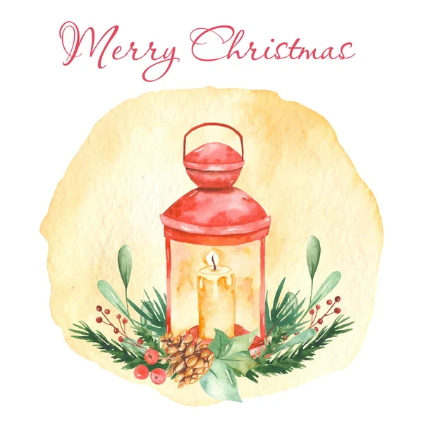 Watercolor Christmas composition with lantern and spruce branches — 图库照片