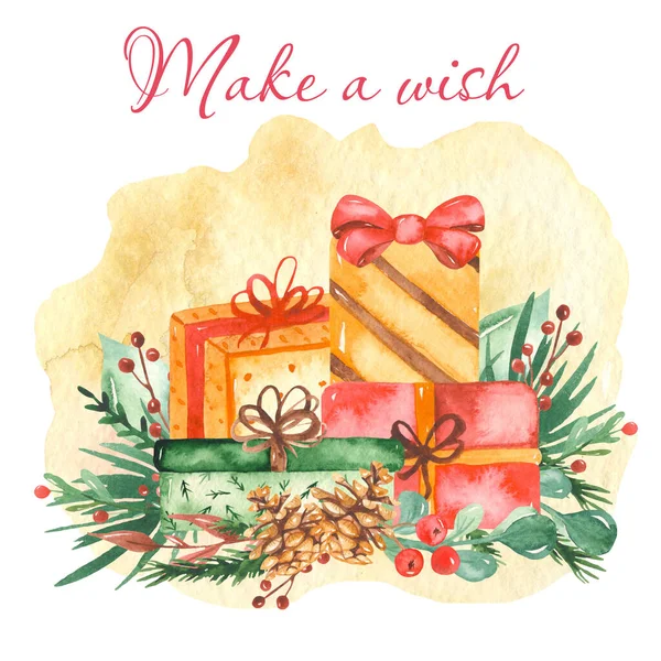 水彩画圣诞作文，礼物和云杉枝，浆果，冬青 — 图库照片