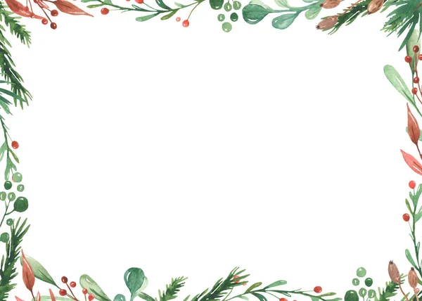 Moldura de Natal aquarela com ramos de abeto, folhas, bagas — Fotografia de Stock