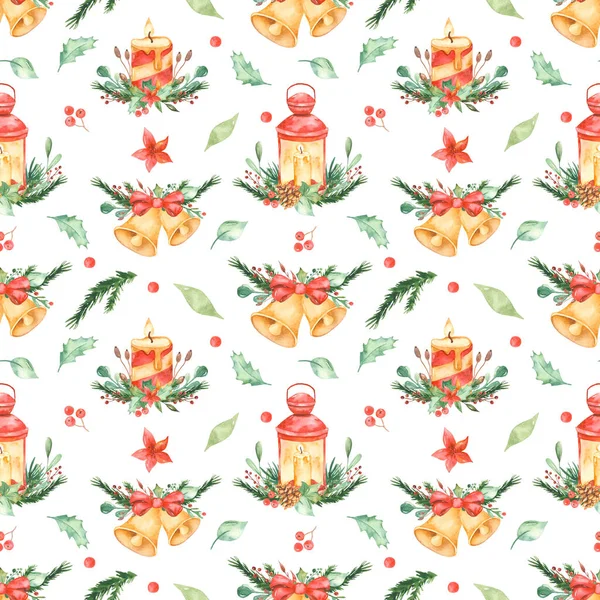 채광창, 촛불, 종, 나뭇잎으로 구성된 수 채색 크리스마스 패턴 — 스톡 사진