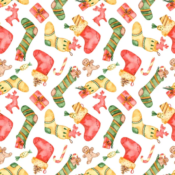 Akvarelové švadleny vzor s vánoční ponožky, dárky, sladkosti — Stock fotografie
