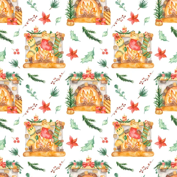 Aquarel Kerst patroon met open haard, hulst, sparren takken — Stockfoto