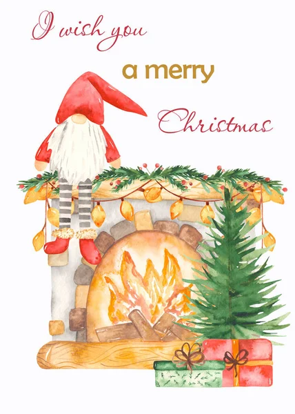 Рождественская открытка с камином, елка, гирлянда, гном Санта-Клаус — стоковое фото