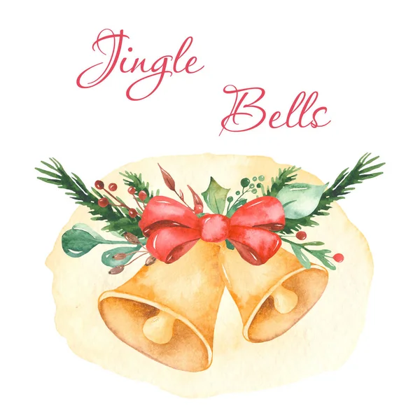 Watercolor Christmas composition with bells and spruce branches,holly — 스톡 사진