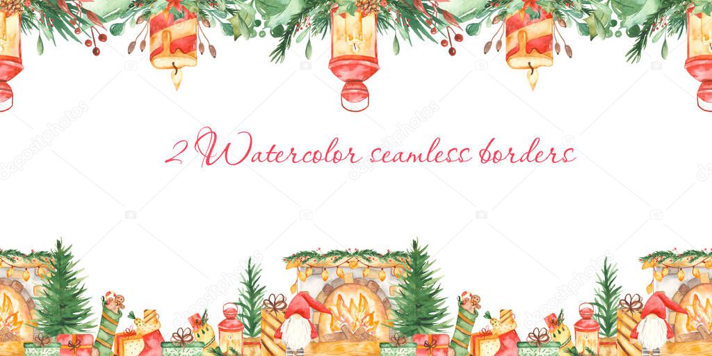 Watercolor seamless borders Christmas fireplace