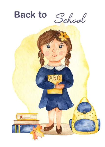 Tanuló Lány Iskolatáska Tankönyvek Akvarell Kártya Vissza Iskolába — Stock Fotó