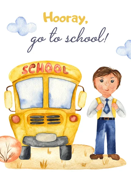 Iskolabusz Diákfiú Akvarell Kártya Vissza Iskolába — Stock Fotó