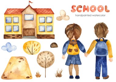 Öğrenciler, okul binası, yollar, ağaçlar. Suluboya okulu seti