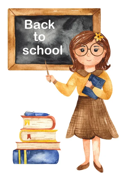 Leraar Schoolbestuur Boeken Aquarelkaart Terug Naar School — Stockfoto
