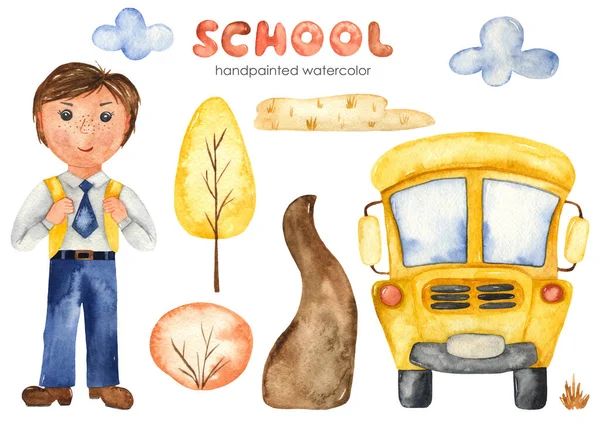 Boy Student School Bus Trees Dear Watercolor School Set — Stock Photo, Image