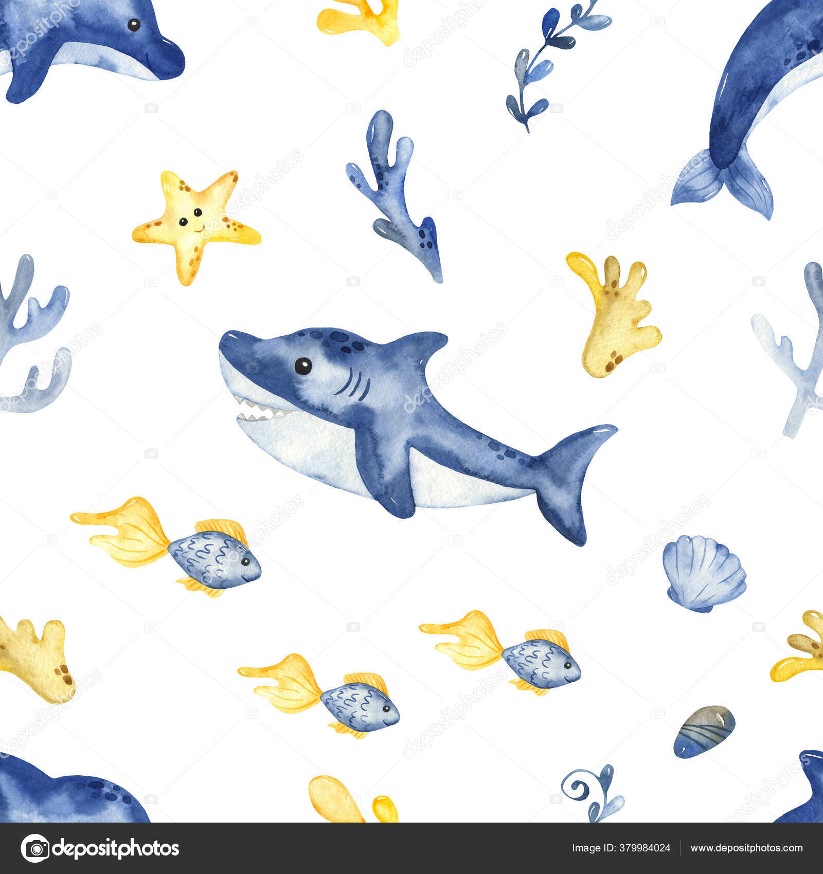 Criaturas Subaquáticas Tubarões Golfinhos Peixes Algas Corais Padrão Sem  Costura Ilustração de ©MarinaErmakova #379984024, image size:1600x1700