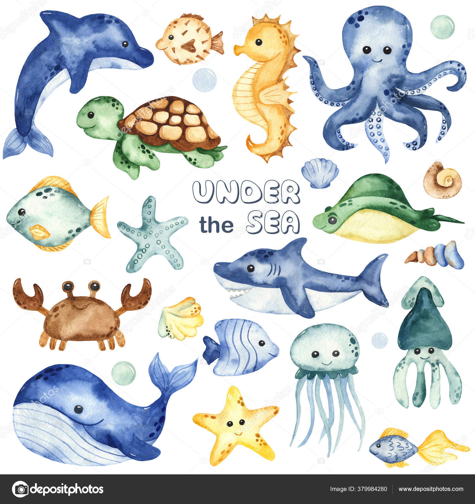 Criaturas Subaquáticas Baleia Polvo Tubarão Caranguejo Golfinho Tartaruga  Marinha Peixe Ilustração de ©MarinaErmakova #379984280, image size:1600x1700