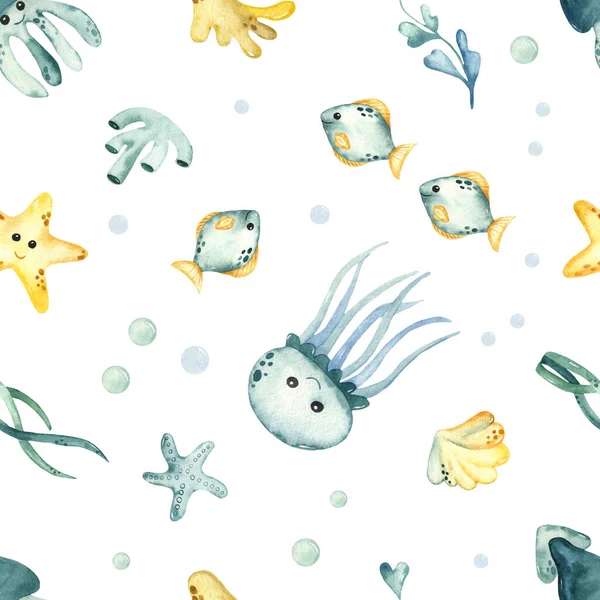 Underwater creatures, jellyfish, squid, starfish, algae, corals. Watercolor seamless pattern