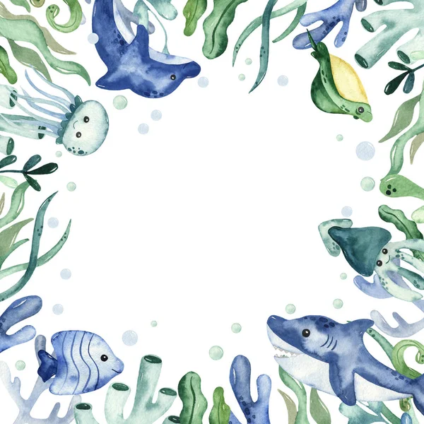 Underwater Creatures Algae Watercolor Hand Drawn Square Frame — Stock Photo, Image