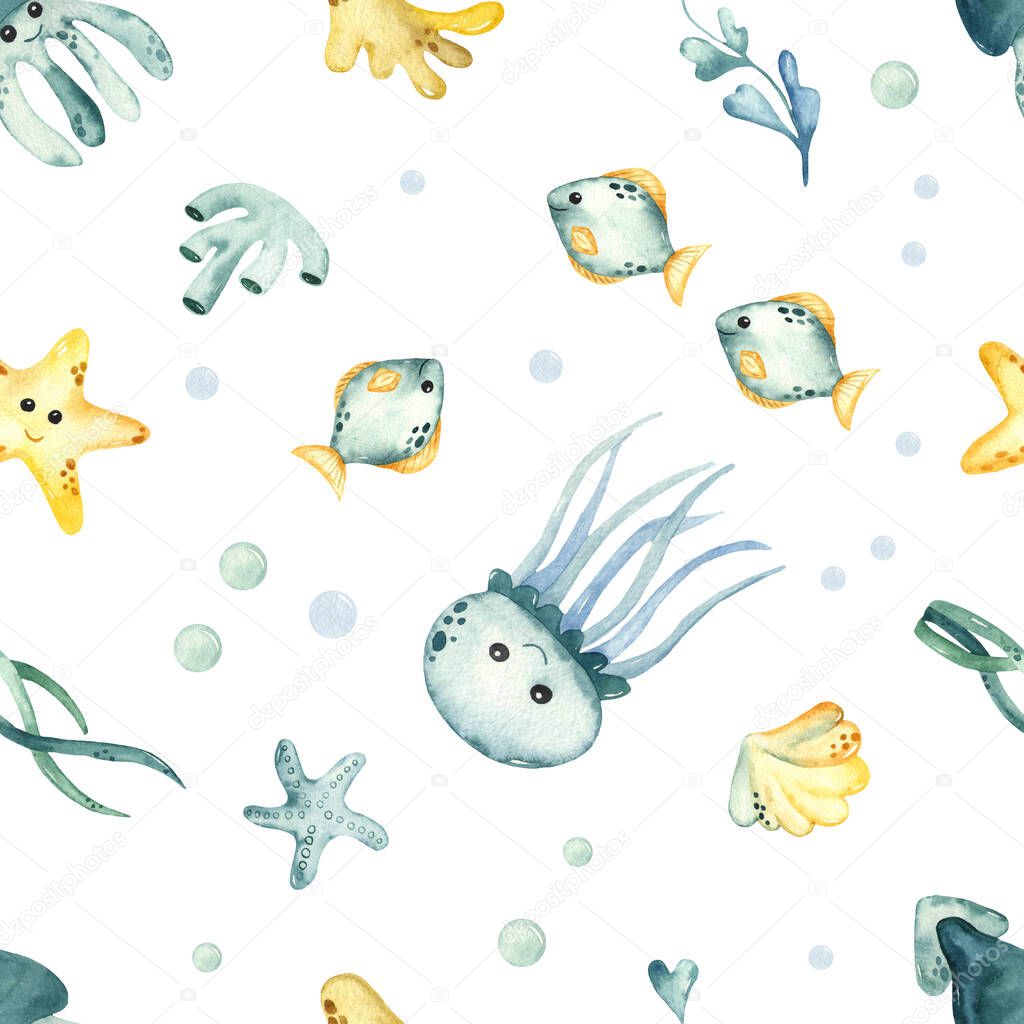 Underwater creatures, jellyfish, squid, starfish, algae, corals. Watercolor seamless pattern