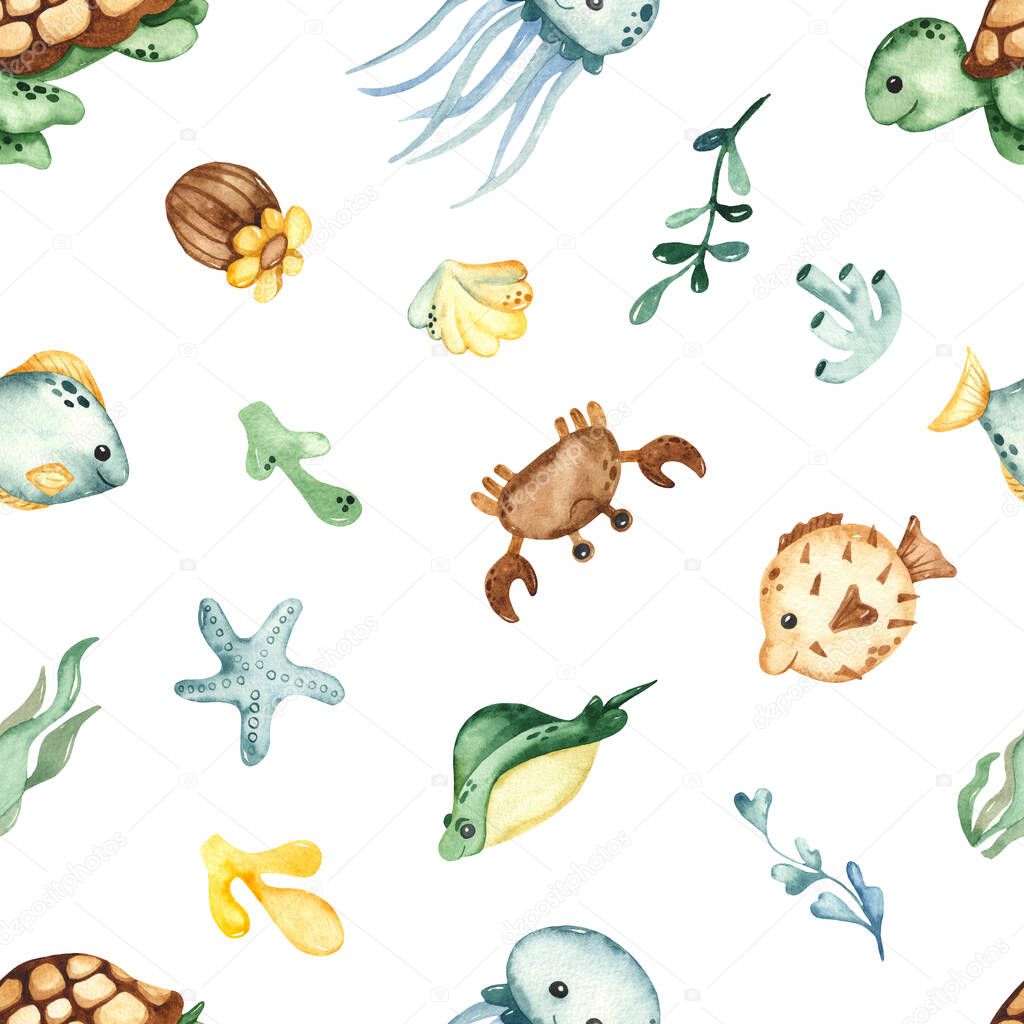 Underwater creatures, sea turtle, jellyfish, fish, algae, corals on a white background. Watercolor seamless pattern