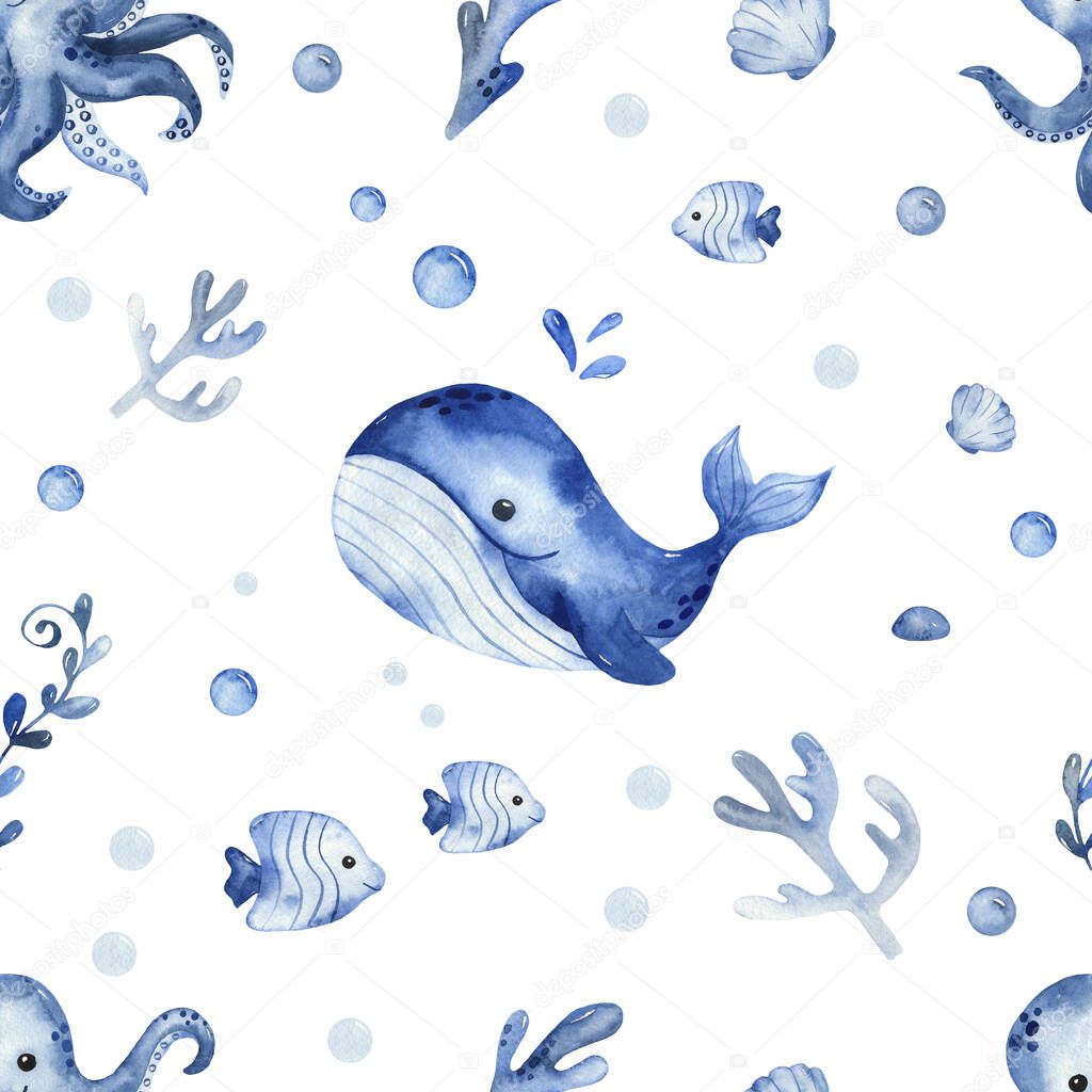 Underwater creatures, whale, octopus, fish, algae, corals on a white background. Watercolor seamless pattern
