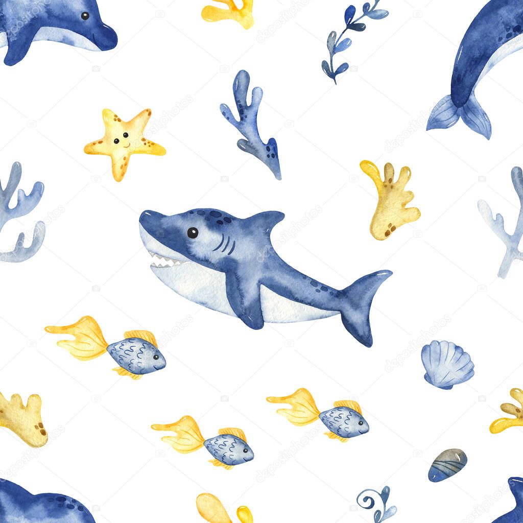 Underwater creatures, shark, dolphin, fish, algae, corals. Watercolor seamless pattern
