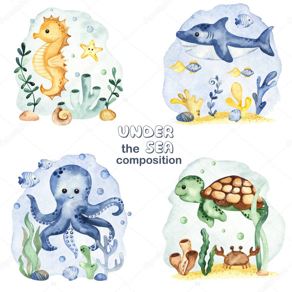 Octopus, shark, sea turtle, seahorse, seaweed. Watercolor set of compositions