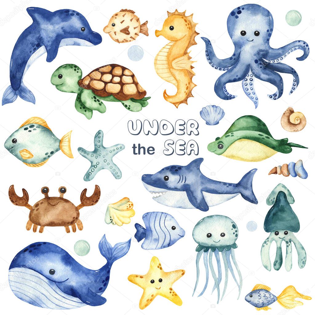 Underwater creatures, whale, octopus, shark, crab, dolphin, sea turtle, fish. Watercolor hand drawn clipart