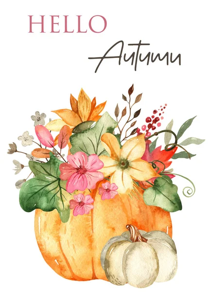 Citrouilles Feuilles Automne Fleurs Fête Récolte Action Grâce Carte Aquarelle — Photo