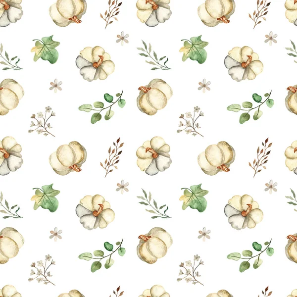 White Pumpkins Leaves Branches White Background Watercolor Seamless Pattern — Stock Photo, Image