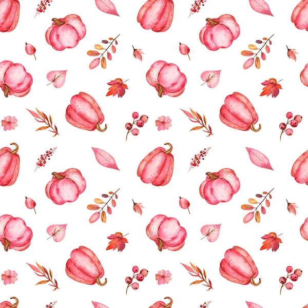 Lilac Pompoenen Bladeren Takken Een Witte Achtergrond Aquarel Naadloos Patroon — Stockfoto