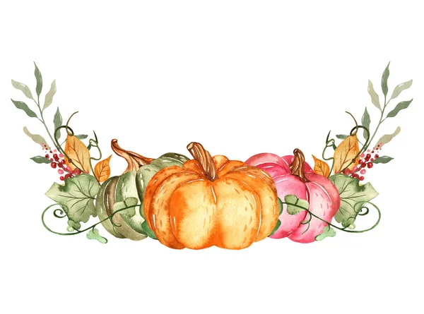 Pumpkins Autumn Leaves Berries Watercolor Hand Drawn Wreath — Stock Photo, Image