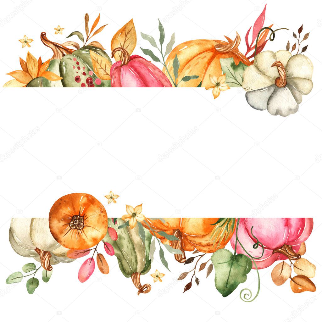 Pumpkins, autumn leaves, flowers, branches, berries. Watercolor banner