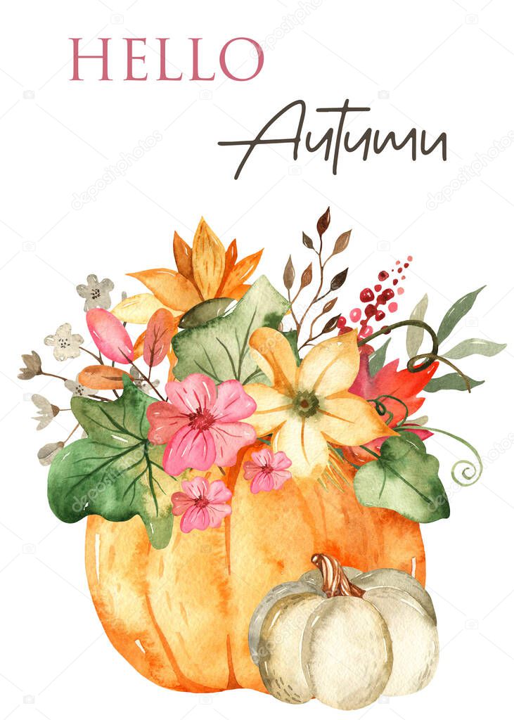 Pumpkins, autumn leaves, flowers, harvest festival, Thanksgiving. Watercolor card
