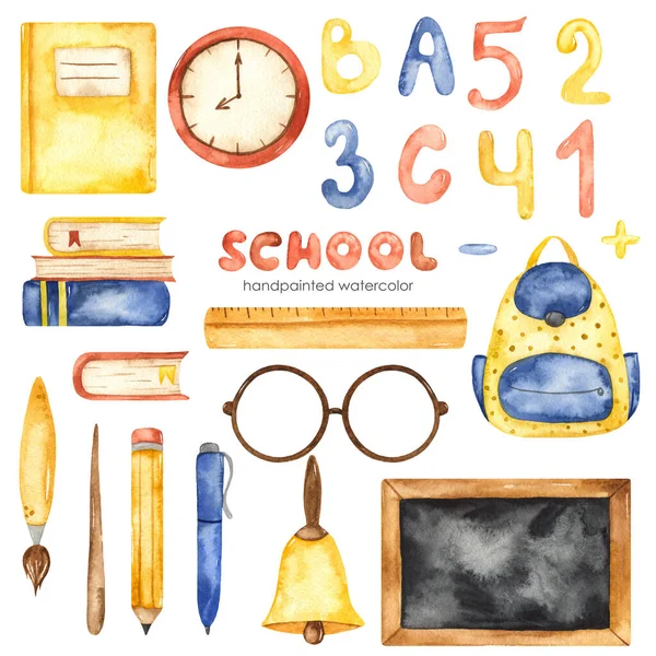 School subjects, blackboard, books, pen, pointer, numbers, letters, watches, backpack. Watercolor set