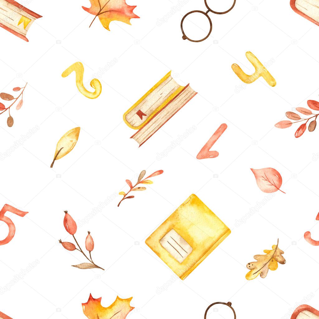 School objects, books, notebooks, glasses, autumn leaves on a white background. Watercolor seamless pattern