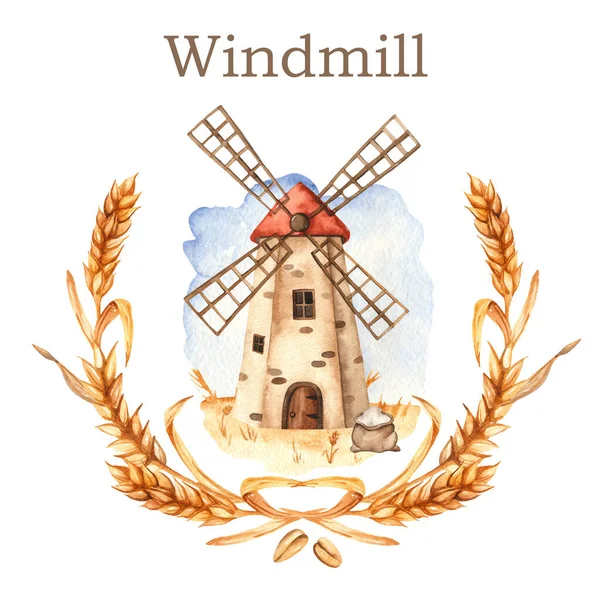 Windmolen Krans Van Tarwe Oren Aquarel Hand Getrokken Kaart — Stockfoto