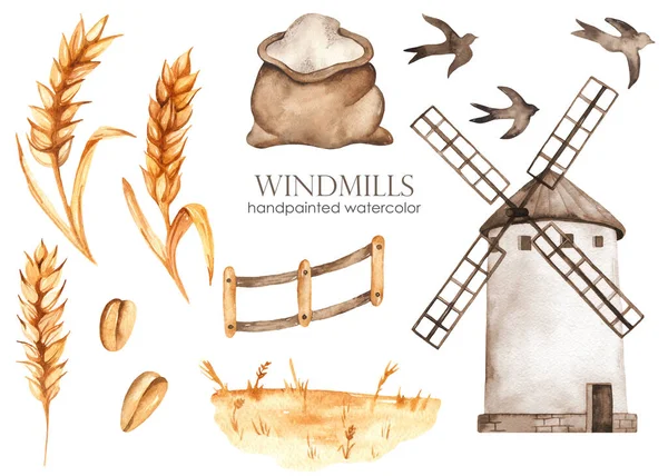 Windmühle Ähren Mehlsack Weizenfeld Schwalben Handgezeichneter Cliparts Aquarell — Stockfoto