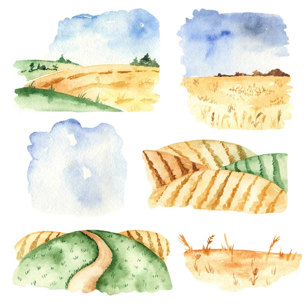 Landscapes Autumn Wheat Fields Watercolor Hand Drawn Backgrounds — Stock Photo, Image