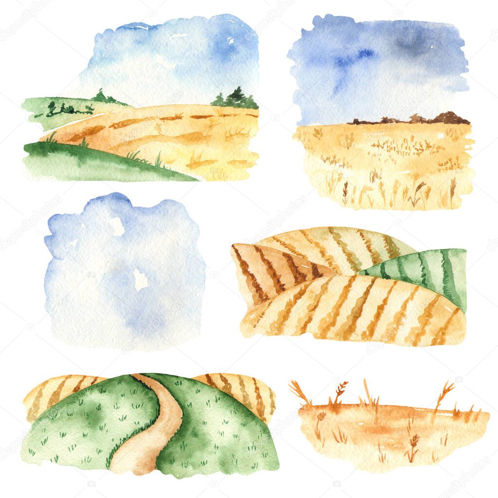 Landscapes of autumn wheat fields. Watercolor hand drawn backgrounds