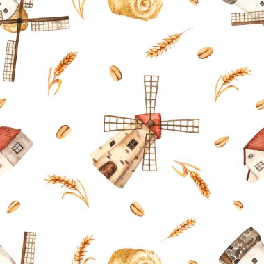 Mill, house, haystack, wheat ears on a white background. Watercolor seamless pattern clipart