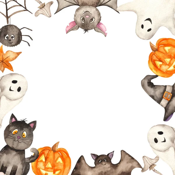 Geister Fledermäuse Spinnen Kürbisse Schwarze Katzen Halloween Quadrat Aquarell Handgezeichneten — Stockfoto