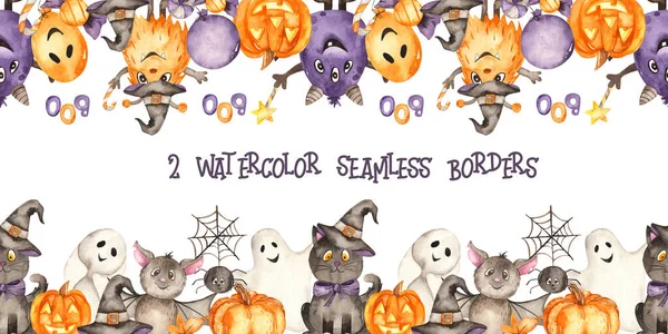 Monstruos Fantasmas Gatos Calabazas Halloween Acuarela Sin Costuras Fronteras — Foto de Stock