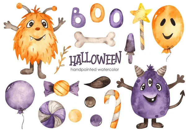 Kocka Édesség Lufi Zászló Varázspálca Halloween Kézzel Rajzolt Akvarell Készlet — Stock Fotó