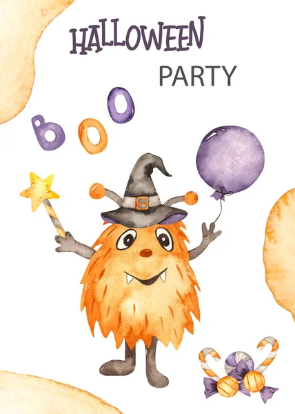 Monster Balloon Sweets Magic Wand Watercolor Hand Drawn Card Halloween — Stock Photo, Image