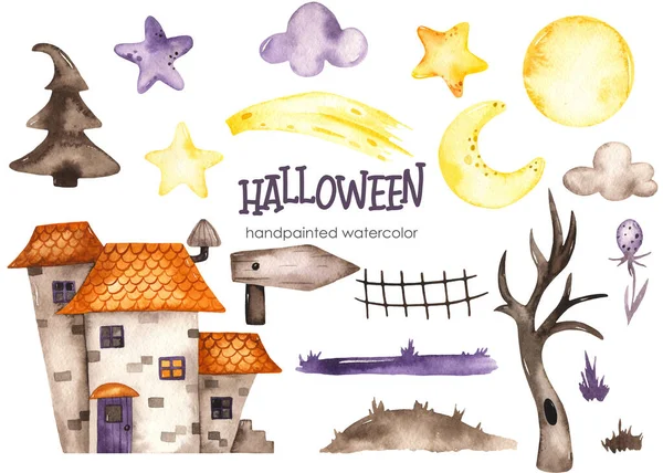Hus Måne Stjärnor Träd Staket Pekare Halloween Handritade Akvarell Set — Stockfoto
