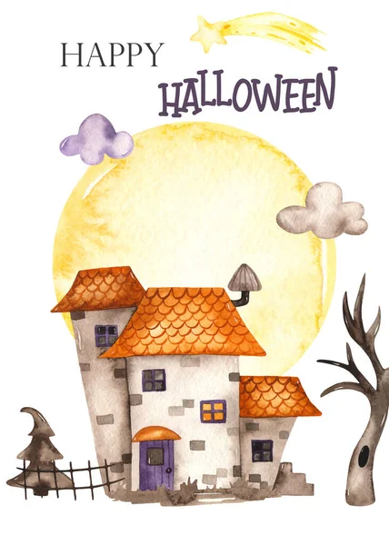 House Moon Background Trees Star Watercolor Hand Drawn Halloween Card — Stock Photo, Image