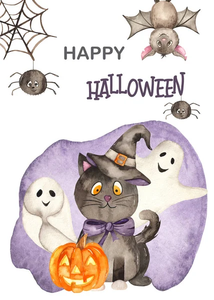 Black Cat Ghosts Bats Spider Pumpkin Happy Halloween Hand Drawn — Stock Photo, Image