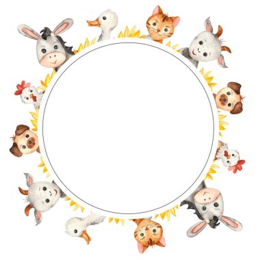 Çiftlik hayvanları, kaz, keçi, eşek, kedi, köpek, horoz. Çocuklar için suluboya el resmi