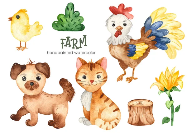 Rooster, chicken, cat, dog, log, sunflower, bush. Farm watercolor hand drawn clipart for kids