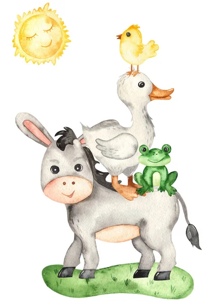 Farm animals donkey, goose, chicken, frog. Watercolor hand drawn card for kids